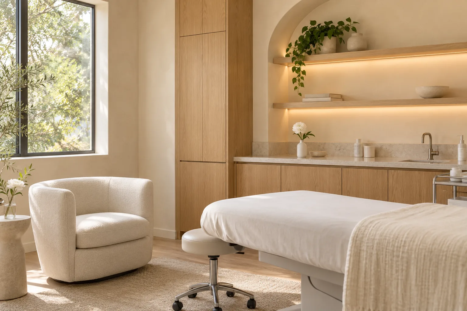 Warm neutral electrolysis consultation room with treatment bed and oak cabinetry