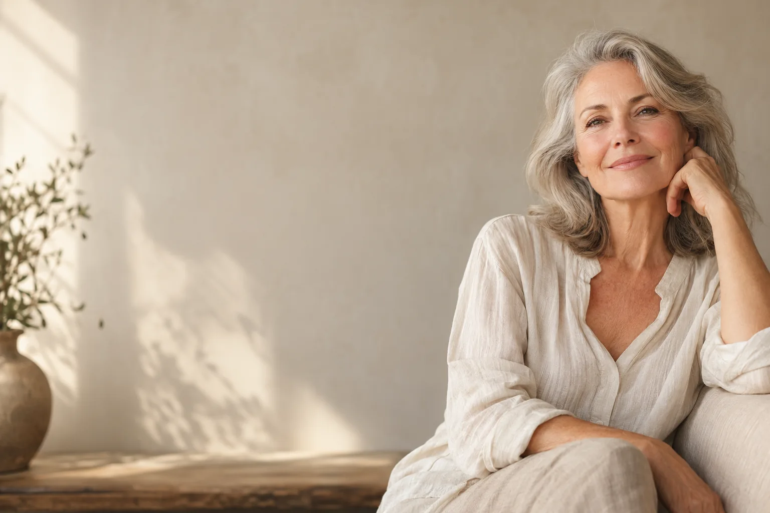 Elegant woman in her 60s in a cream blouse, seated in soft natural light